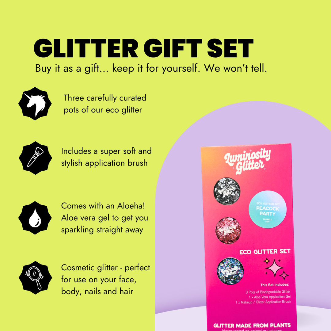 Peacock Party Festival Glitter Set contents and features infographic