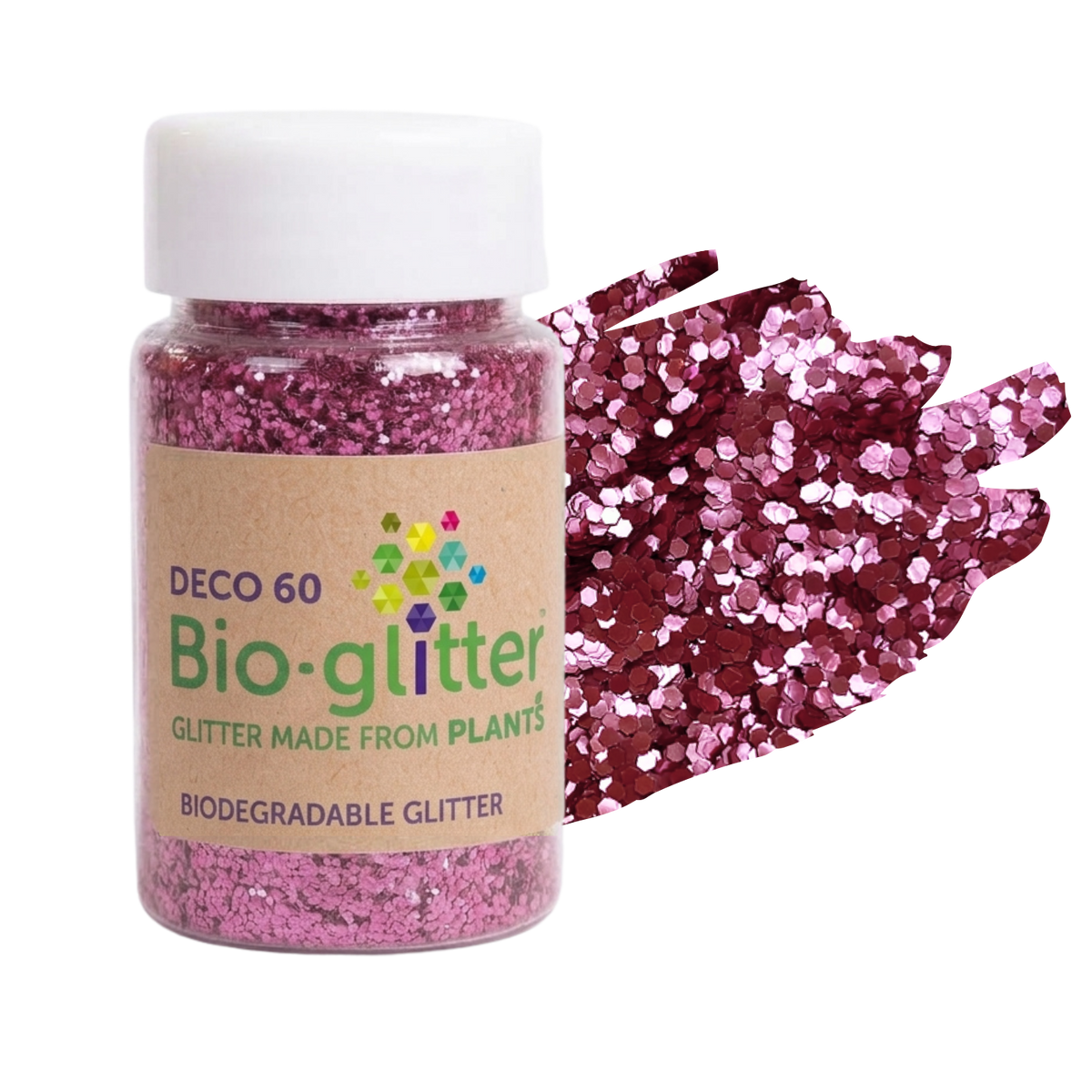 A clear plastic jar of chunky craft Bio-glitter labeled 'DECO 60' with a white cap, shown next to a fan of pink and burgundy sequined glitter on a white background.