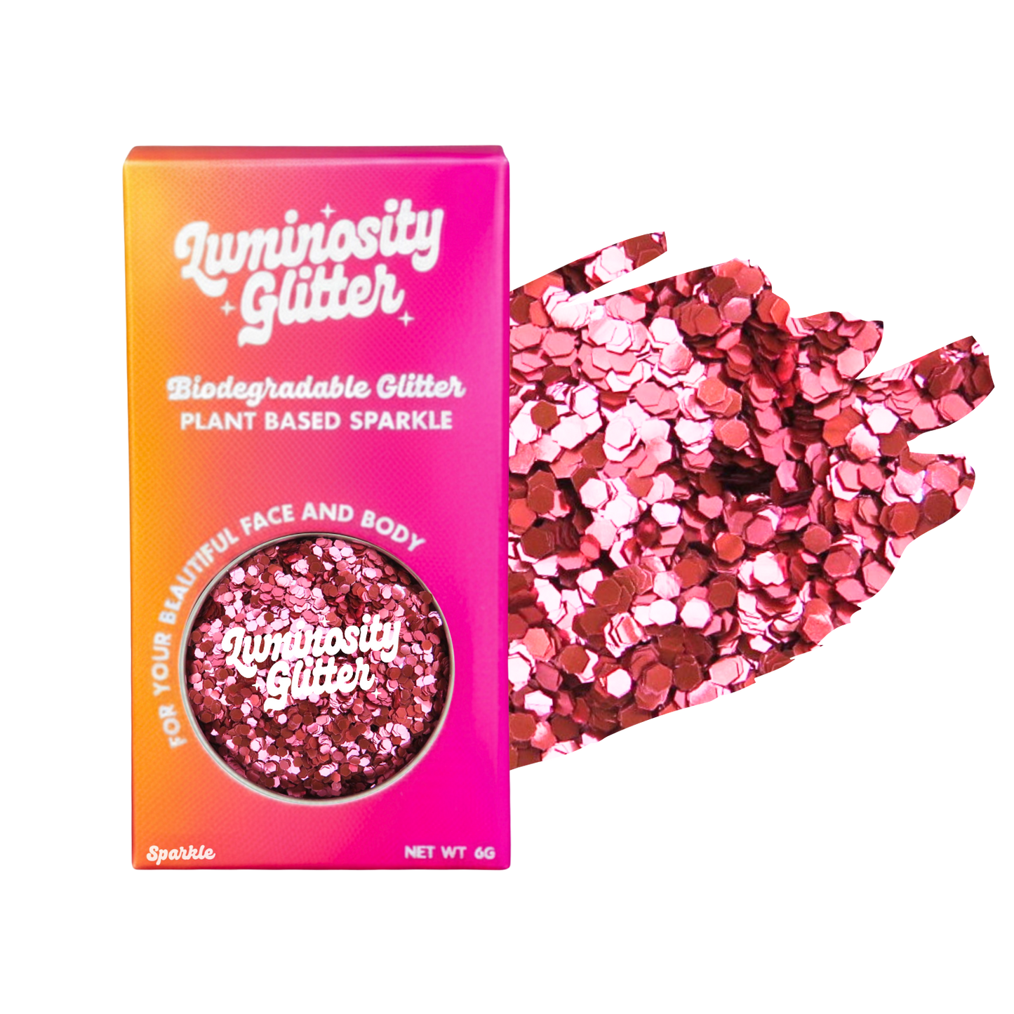 Luminosity Glitter packaging with pink and red glitter on a white background