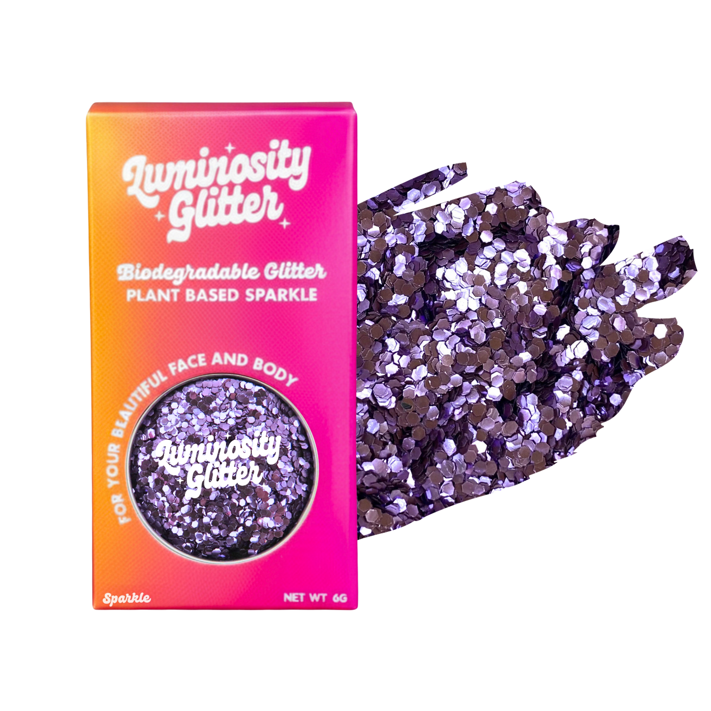 Luminosity Glitter packaging with purple glitter on a white background