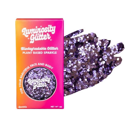 Luminosity Glitter packaging with purple glitter on a white background