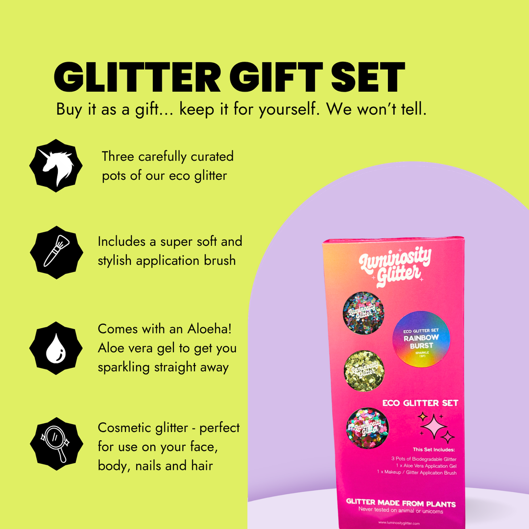 Rainbow Burst Pride Glitter Set contents and features infographic