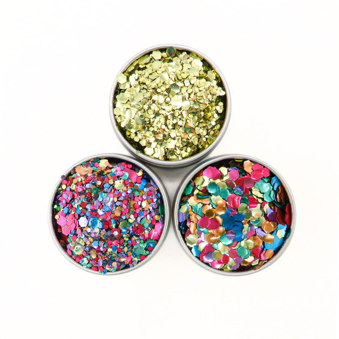 Pride rainbow burst eco glitter set of rainbow and gold eco friendly glitter.