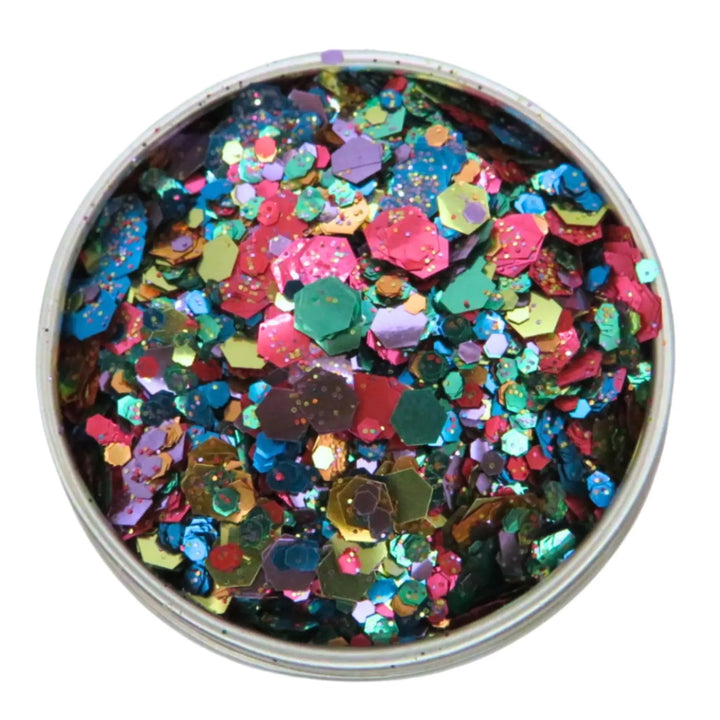 Close-up of Rainbow Smash Pride Glitter Mix, biodegradable cosmetic glitter by Luminosity Glitter