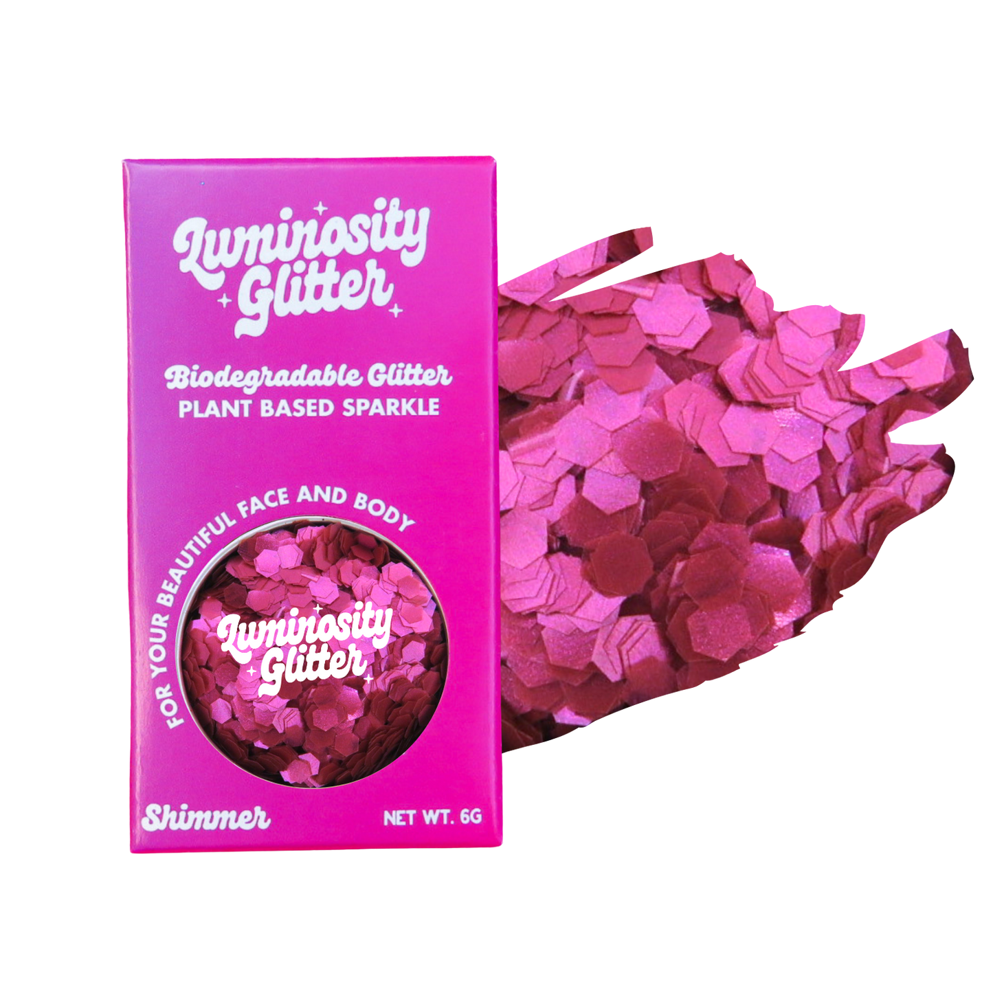 Pink glitter packaging with 'Luminosity Glitter' branding on a white background