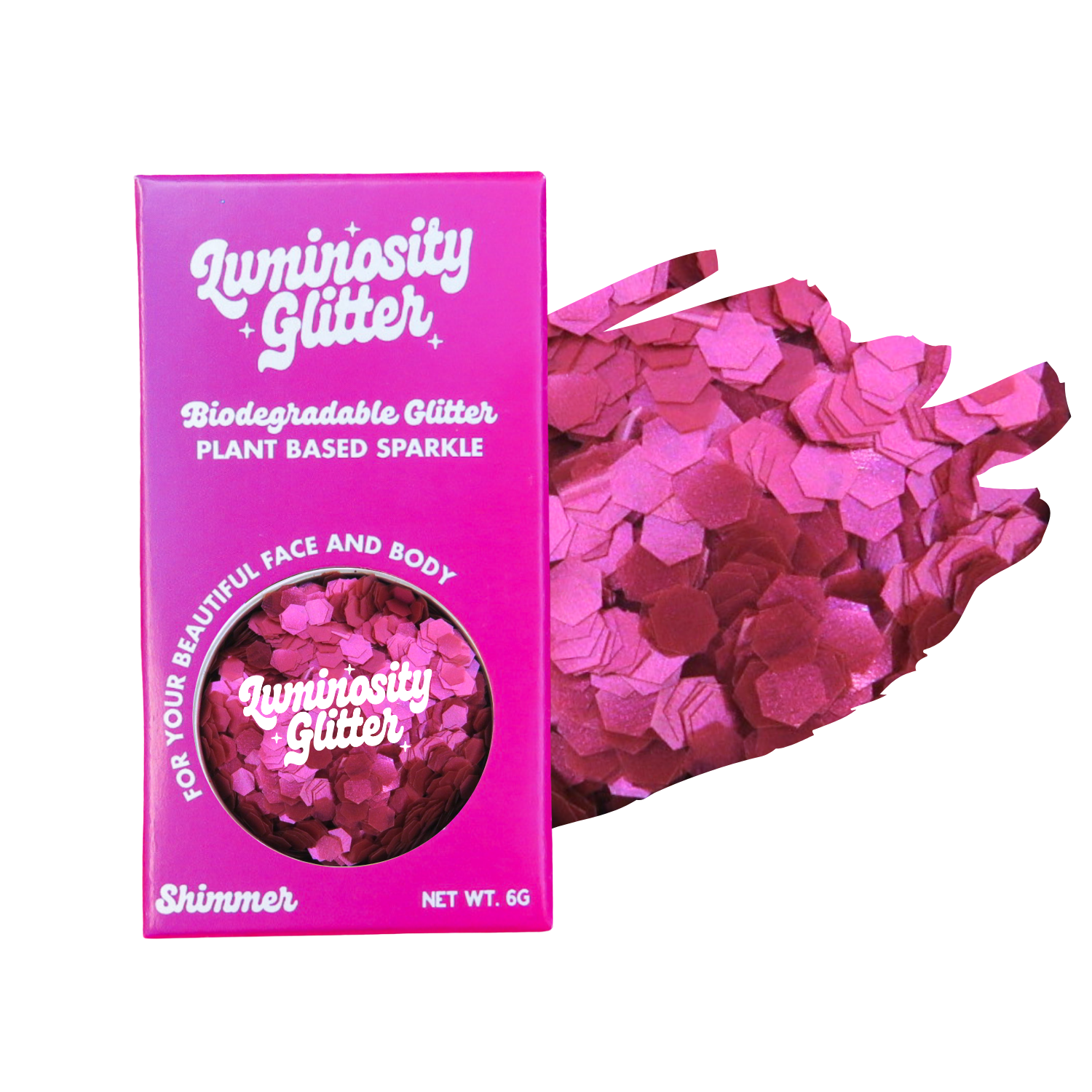 Pink glitter packaging with 'Luminosity Glitter' branding on a white background