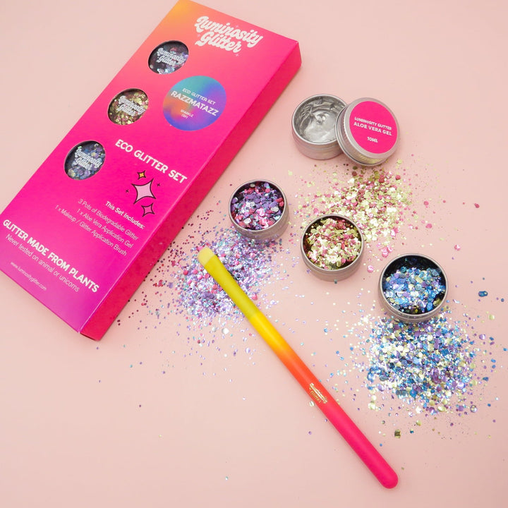 Festival eco glitter set - razzmatazz by Luminosity Glitter has purples, blues, golds and pinks in a beautiful gift set.
