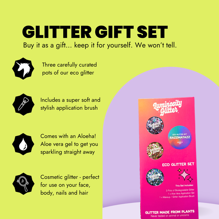 Razzmatazz Festival Glitter Set contents and features infographic