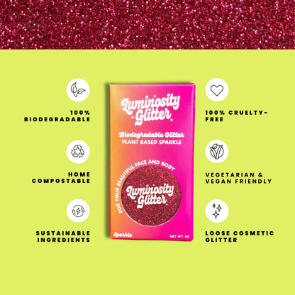 Luminiosity Glitter packaging with sustainability features on a green background