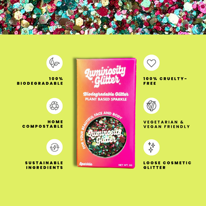 Luminosity Glitter packaging with sustainability features on a green background