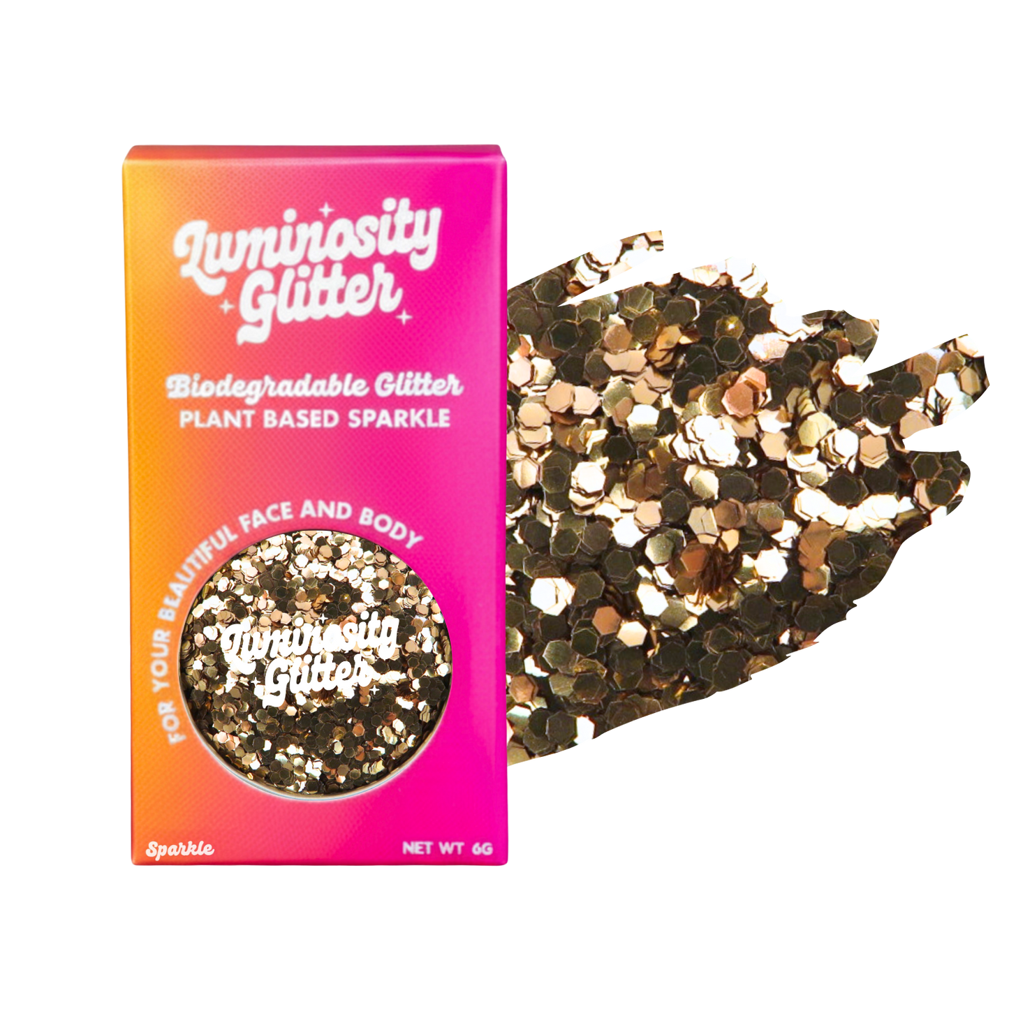 Luminosity Glitter packaging with biodegradable and plant-based glitter on a white background
