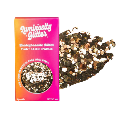 Luminosity Glitter packaging with biodegradable and plant-based glitter on a white background