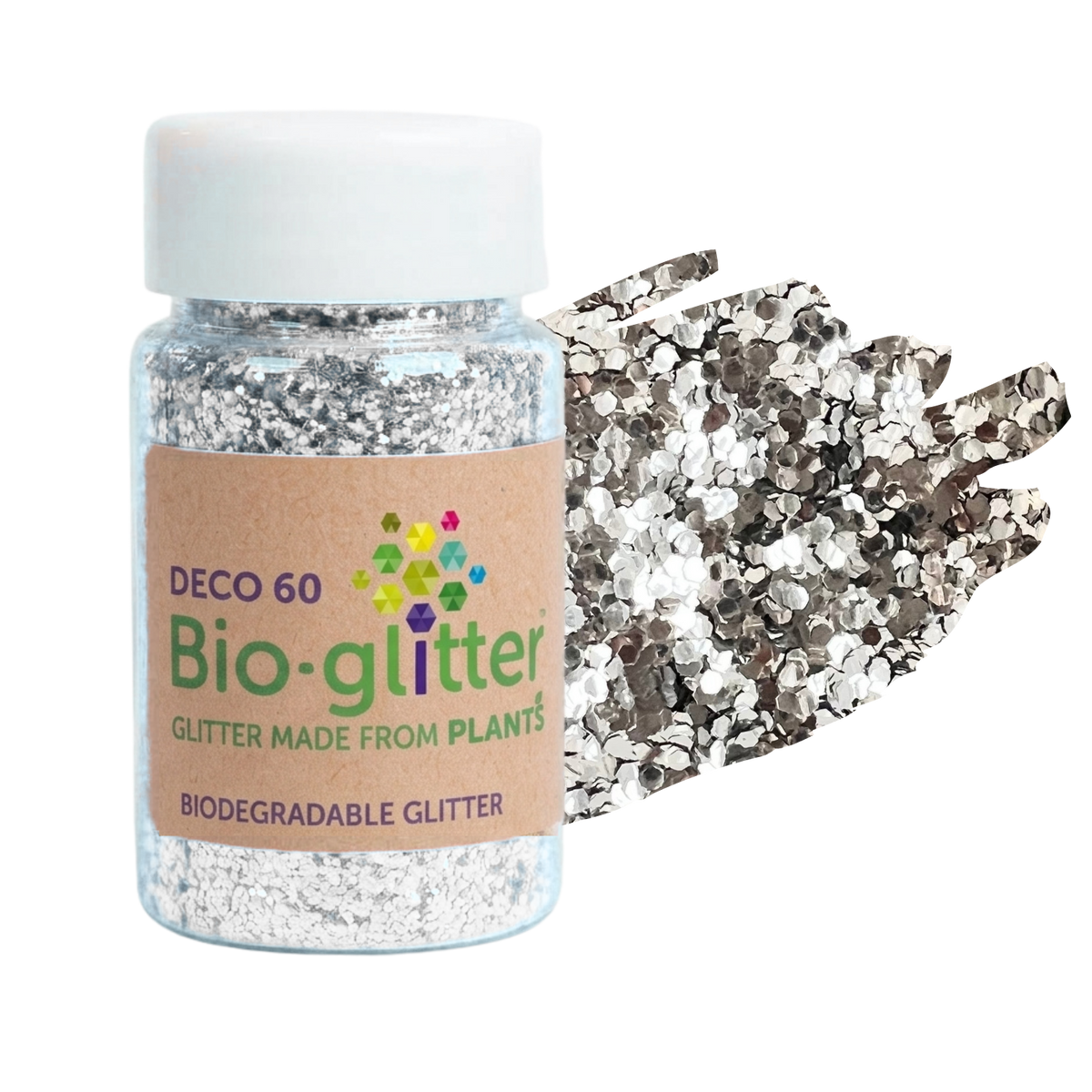 A clear plastic jar of chunky silver craft Bio-glitter with a white cap and a brown paper label, shown next to a pile of reflective silver glitter pieces on a white background.