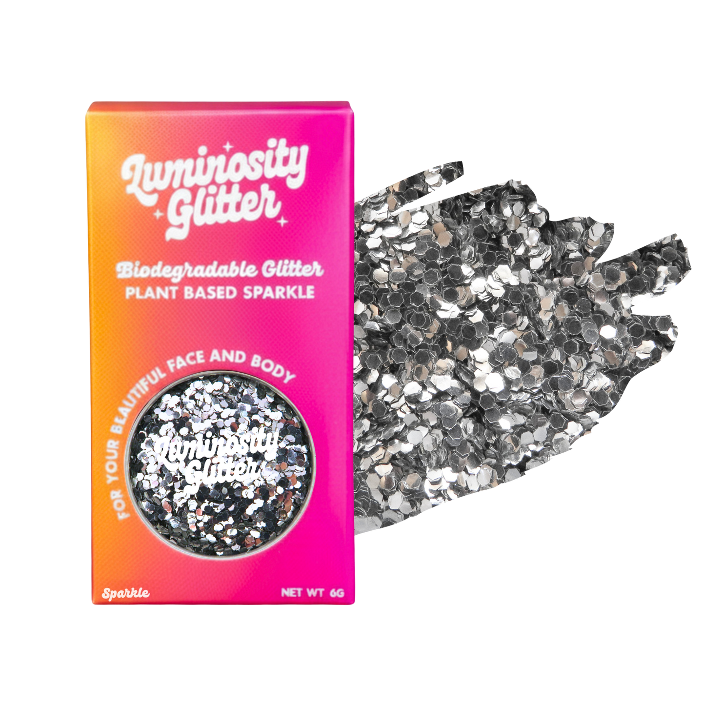 Luminosity Glitter packaging with biodegradable and plant-based sparkle on a white background