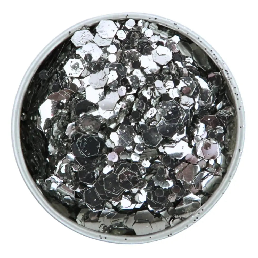 Close-up of Silver Moon Glitter Blend, biodegradable cosmetic glitter by Luminosity Glitter