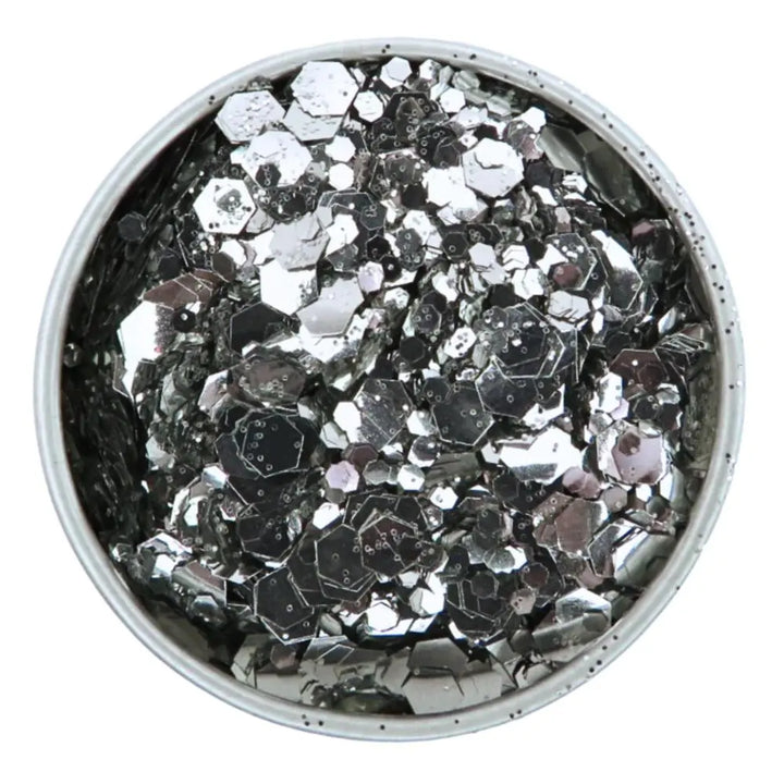 Close-up of Silver Moon Glitter Blend, biodegradable cosmetic glitter by Luminosity Glitter