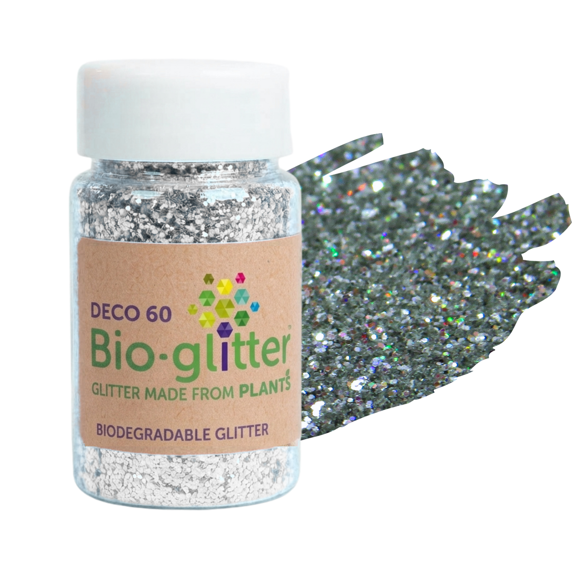 A jar of silver holographic craft Bio-glitter with a white cap and a brown paper label, shown next to a textured swatch of the glitter on a white background.