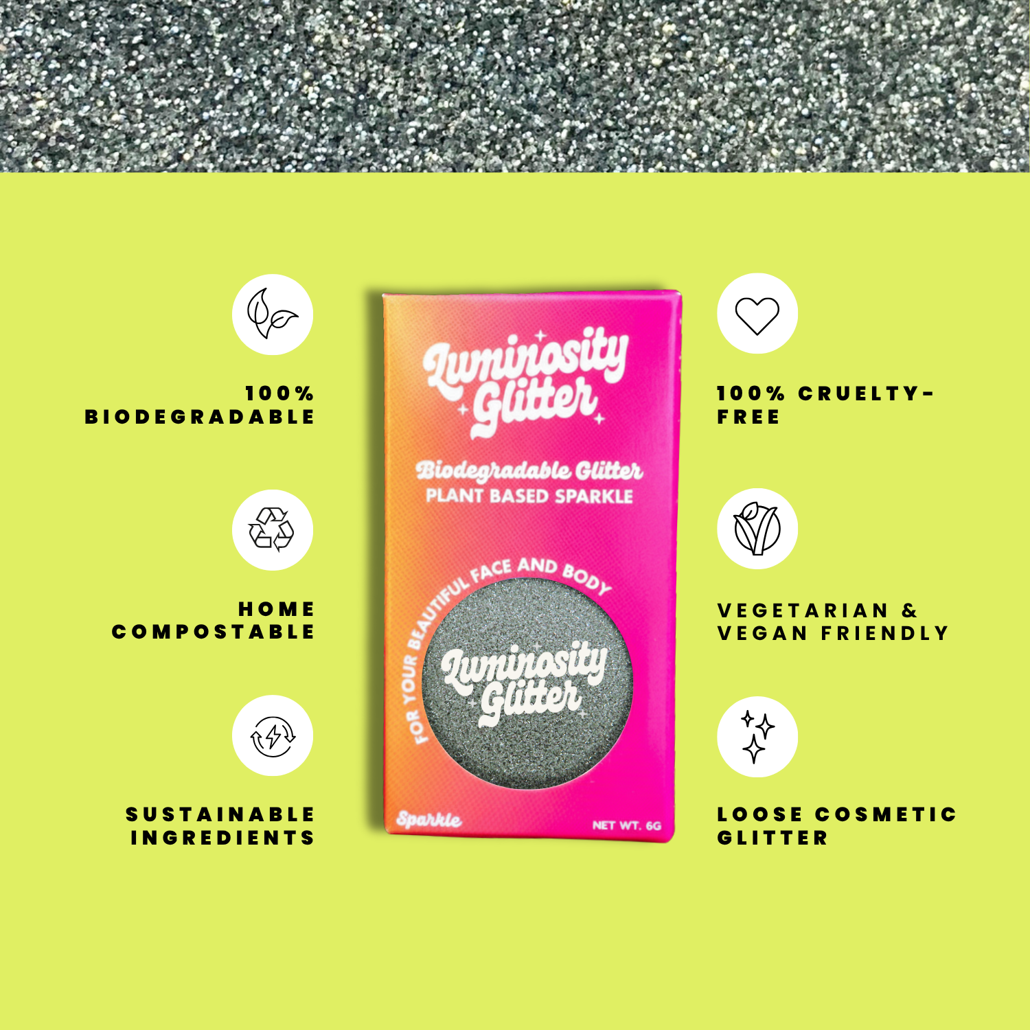 Luminosity Glitter packaging with sustainability features on a green background