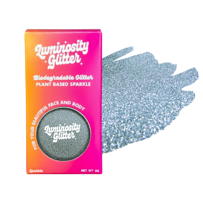 Luminosity Glitter packaging with a sample of glitter on a white background