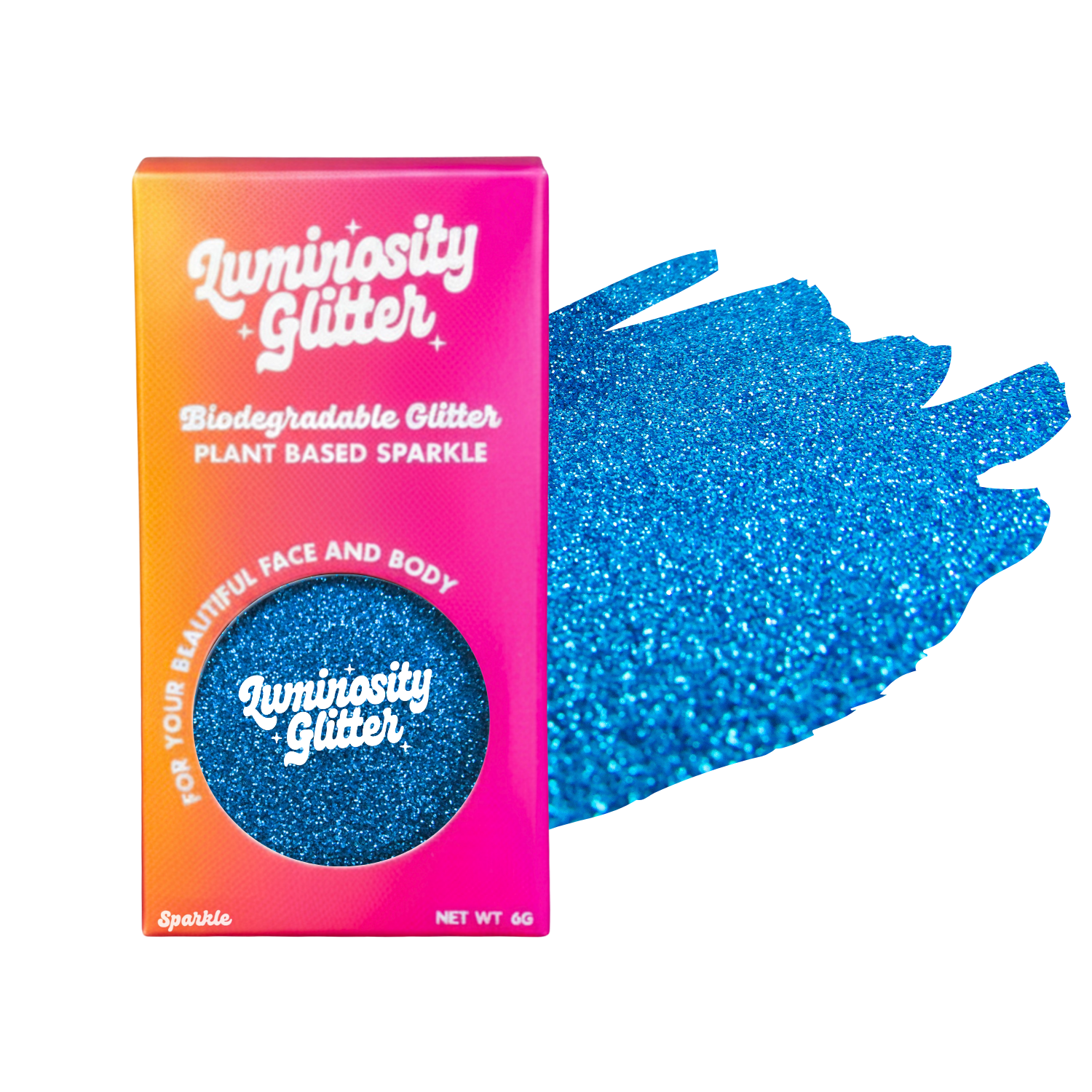 Luminosity Glitter packaging with blue glitter on a white background
