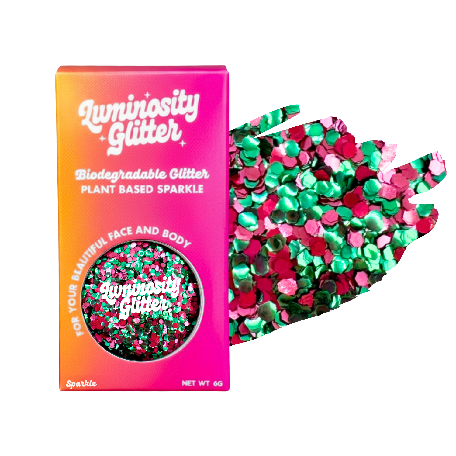 Luminosity Glitter packaging with biodegradable and plant-based glitter on a white background
