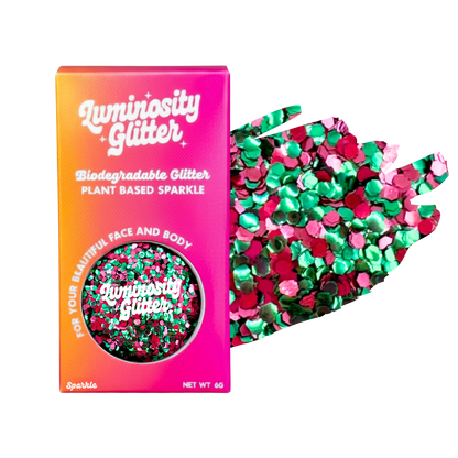 Luminosity Glitter packaging with biodegradable and plant-based glitter on a white background