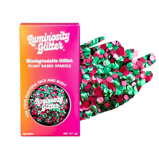 Luminosity Glitter packaging with biodegradable and plant-based glitter on a white background