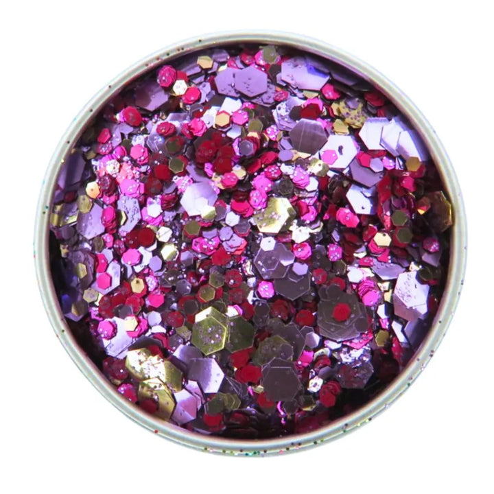 Close-up of Temptation Festival Glitter Mix, biodegradable cosmetic glitter by Luminosity Glitter