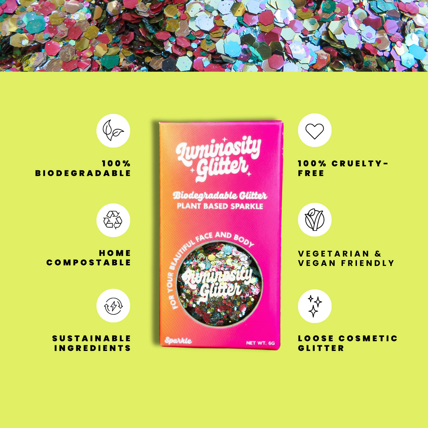 Luminosity Glitter packaging with sustainability features on a green background
