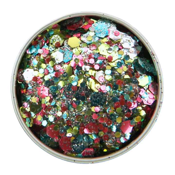 Close-up of Tropicana Festival Glitter Mix, biodegradable cosmetic glitter by Luminosity Glitter