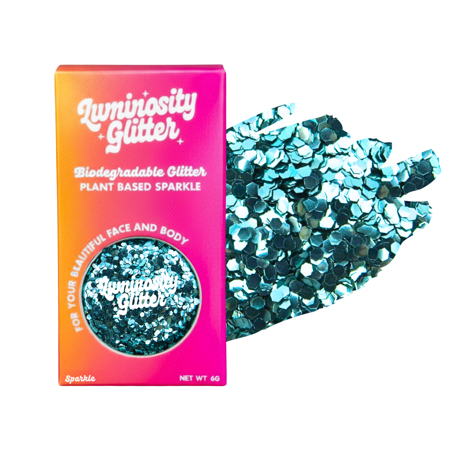 Luminosity Glitter packaging with biodegradable glitter on a white background