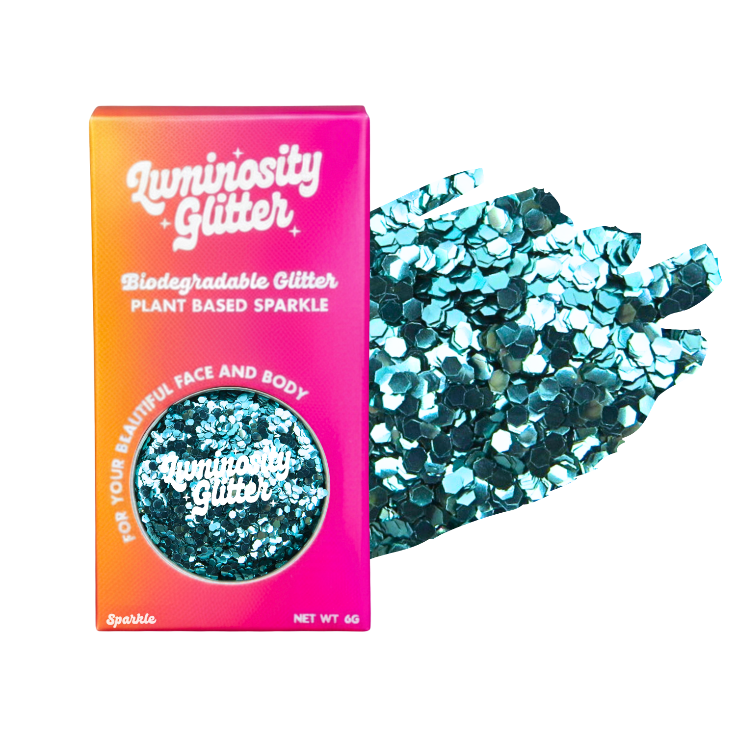 Luminosity Glitter packaging with biodegradable glitter on a white background