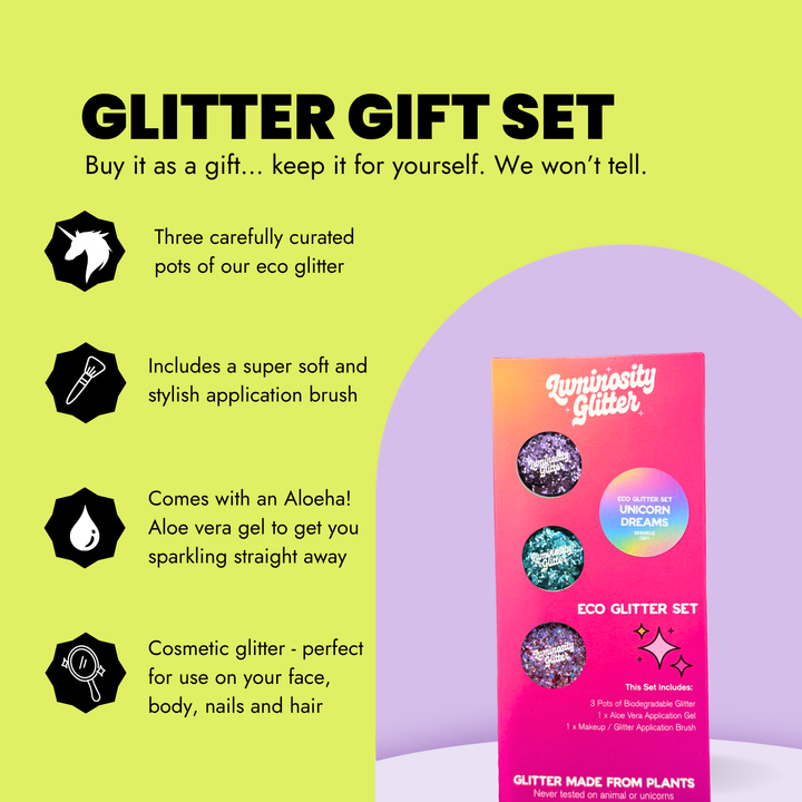 Unicorn Dreams Festival Glitter Set contents and features infographic
