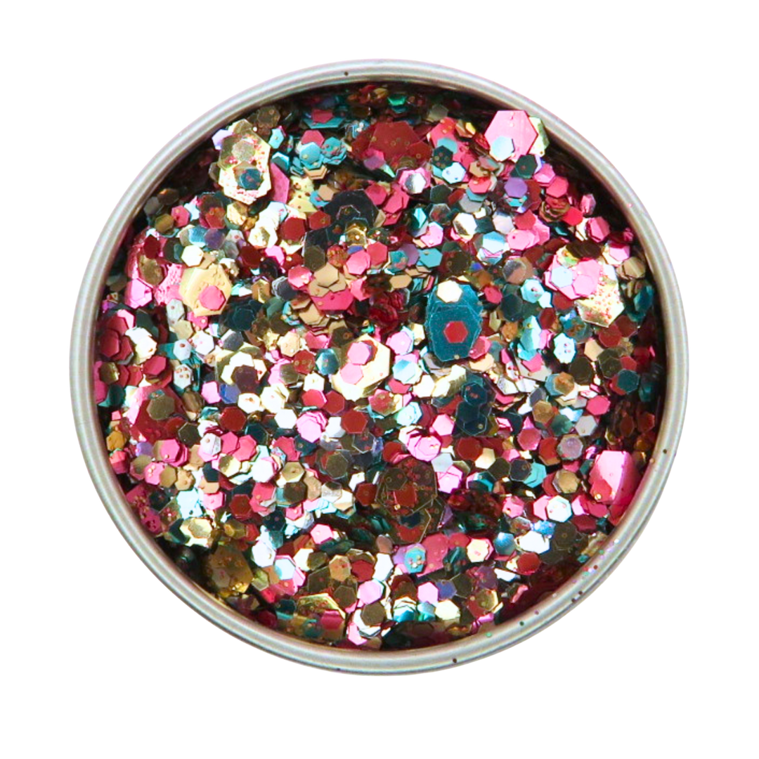 Multicolored confetti in a round container on a white background