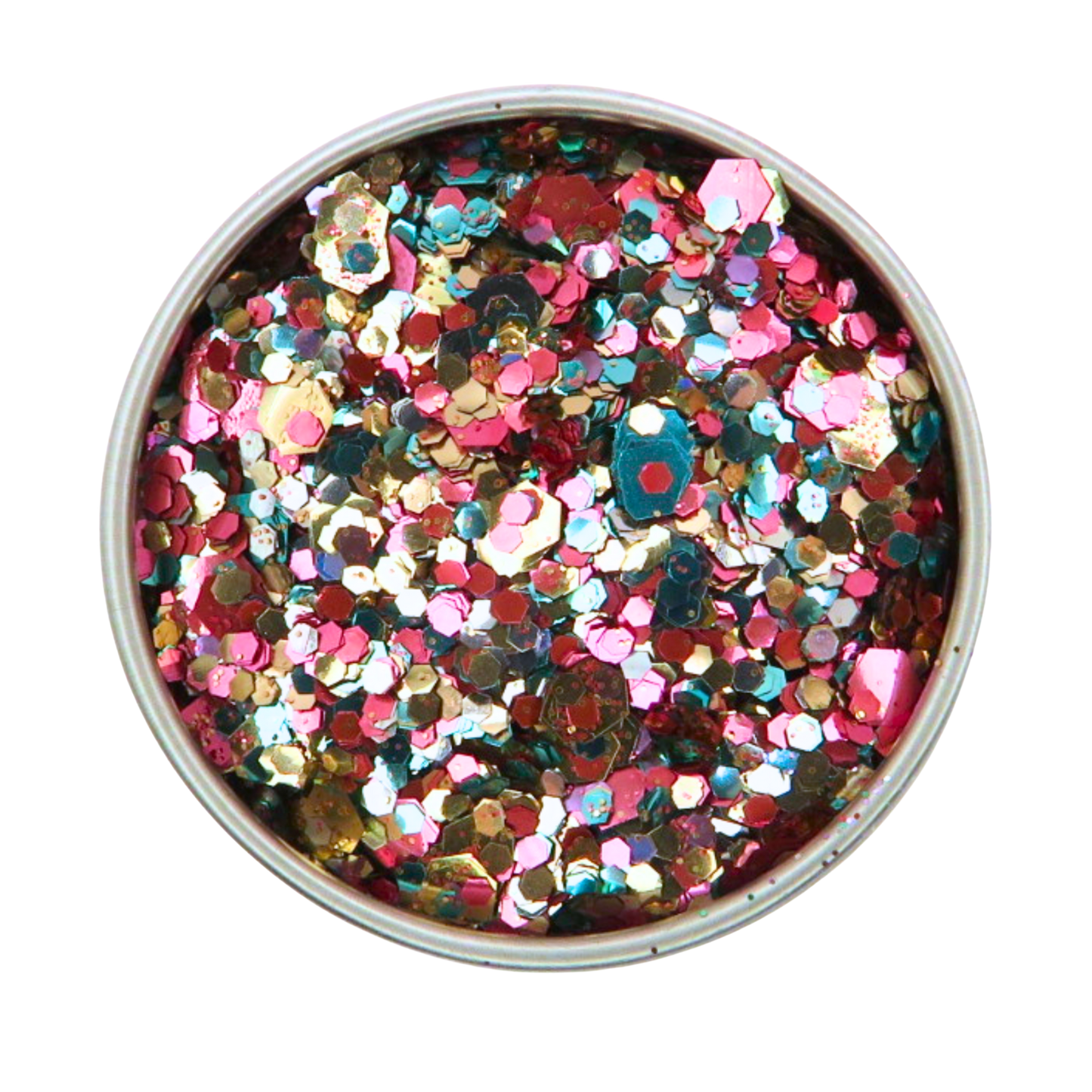 Multicolored confetti in a round container on a white background