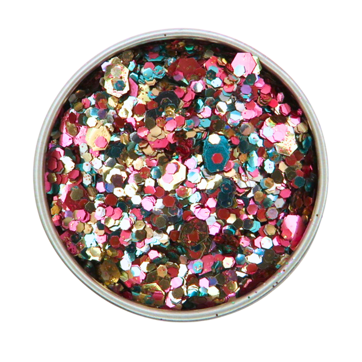 Multicolored confetti in a round container on a white background