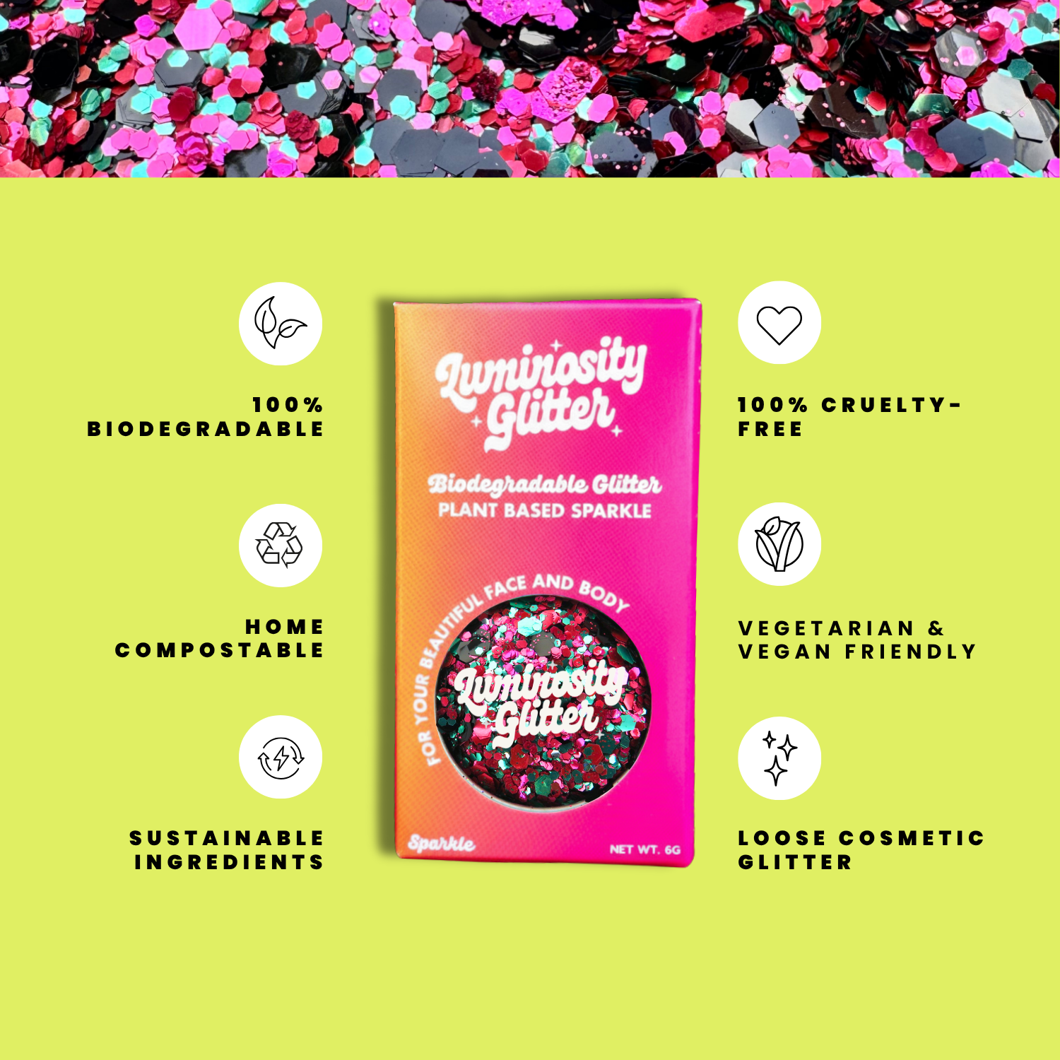 Luminosity Glitter packaging with sustainability features on a green background